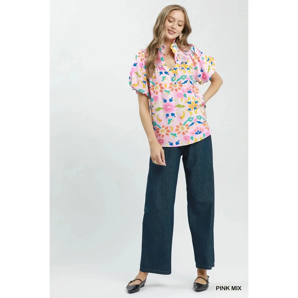 Umgee Folk Art Print Top with Smocked Detail - Picture 5 of 5